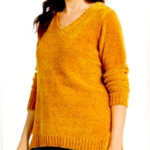 𝅺karen Scott V-Neck Chenille Sweater gold color SZ M
